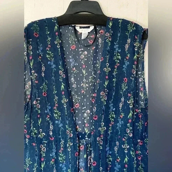 NWOT LC By Lauren Conrad Linear Botanical Long Vest  One Size Navy Blue Floral - Picture 3 of 14